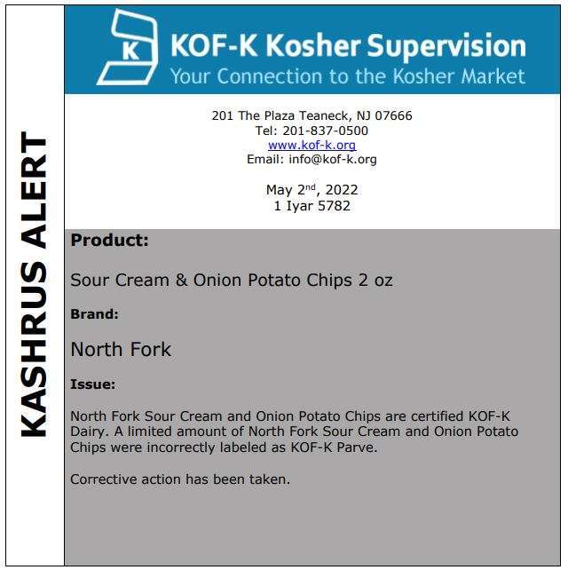 KOF-K Kashrus Alert: North Fork Potato Chips Mislabeled As Non-dairy