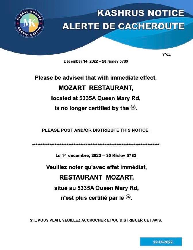 Kosher Alert Mozart Restaurant Is No Longer Kosher Certified